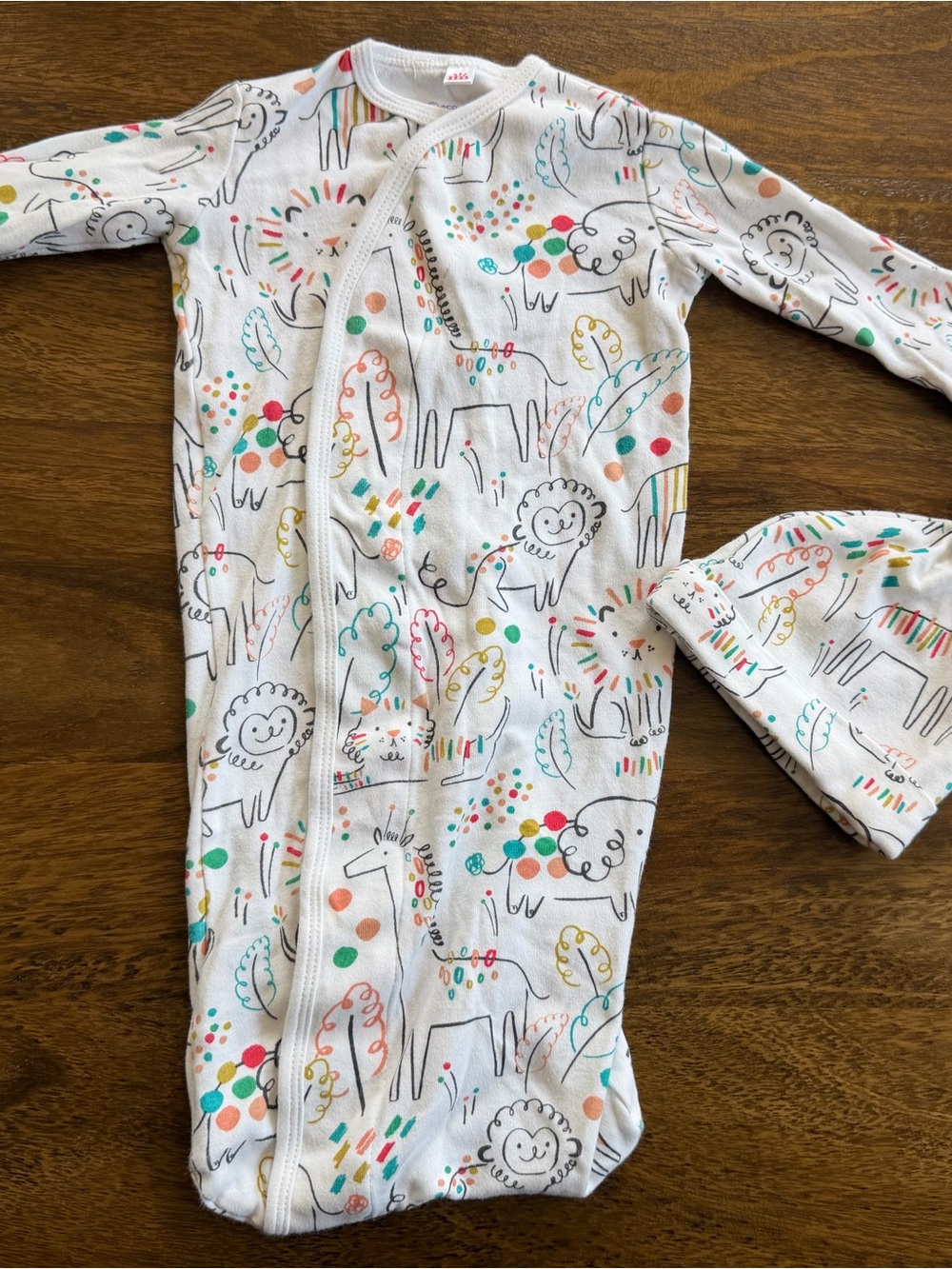 Magnetic Me White Baby Gown & Hat Set with Colorful Animal Print